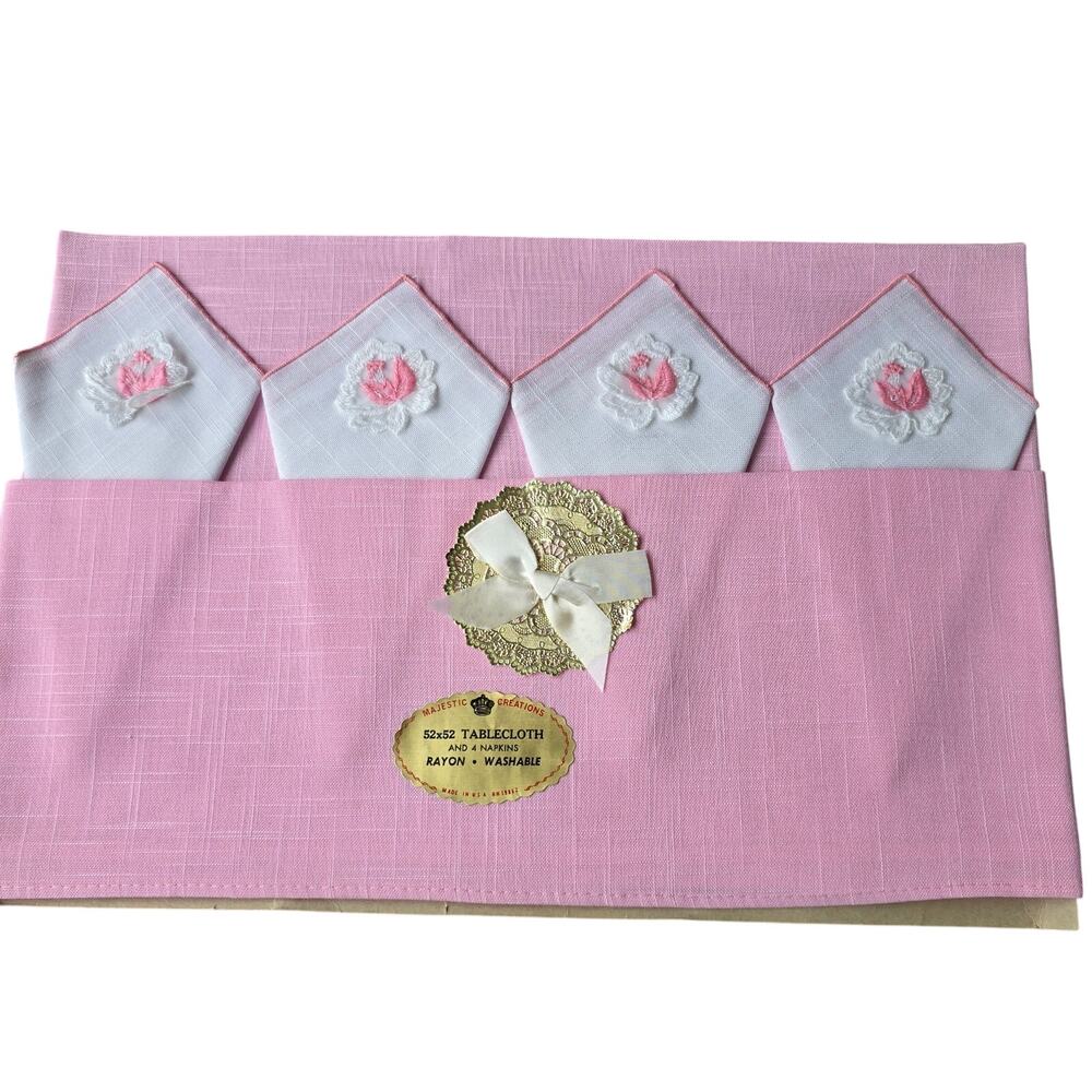 Vintage Majestic Creations Tablecloth 4 Napkins Pink White Rayon Square 52X52